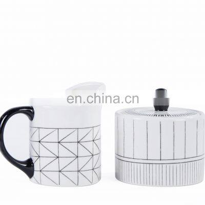 Luxury Black With White Line Creative Design Ceramic Coffee Mug Tea Cup Dinner Plate Ceramic Vase Cup Porcelain Tableware Set photo-3