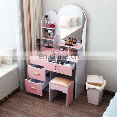 White Luxury Dressing Table with Mirror and Solid Wood Stool,4 Drawers Adjustable Vanity Table Makeup Dresser