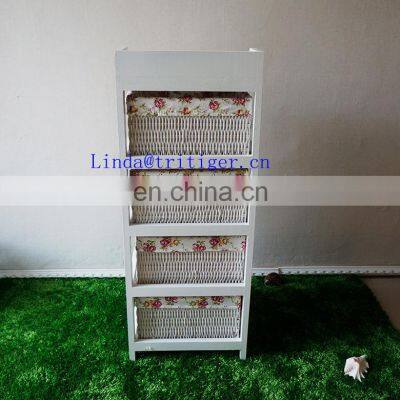 White Home Funiture Solid Wood Storage Cabinet With Wicker Drawers Willow Basket photo-4