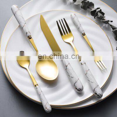 Marble Handle Portable Table Luxury Wedding Cutlery Golden Forks Spoons Stainless Steel Flatware Set