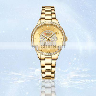 CURREN 9084 Luxury Brand Golden Dial Watches Women Stainless Steel Band Fashion Rhinestones Ladies  Luminous Wristwatch