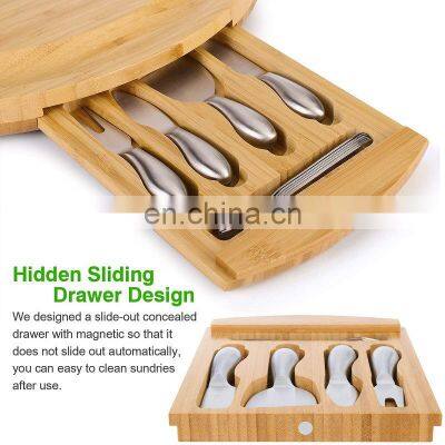Custom High Quality Eco Friendly Kitchen Round Wooden Knife Set Bamboo Cheese Board