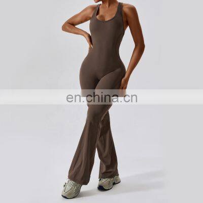 Oem Hollow Out Fitness One Piece Backless Jumpsuits Women Gym Rompers Flared Leggings photo-3