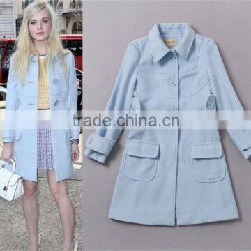 2014 hot selling slim fit high quality brands fashion woolen breasted crystal blue coat women G167