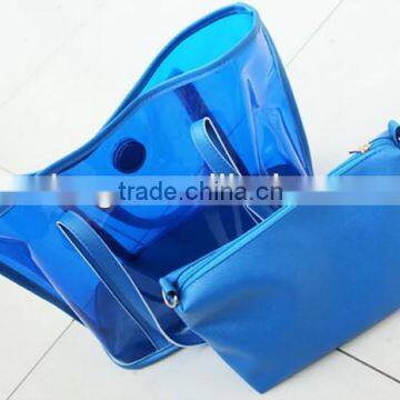 double transparent pvc beach handbags with pu pouches