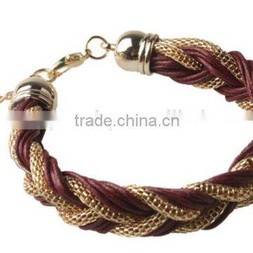 2016 Hot Selling Jewelry Braided Leather Bracelet With Gold Plated Chain And Clasp