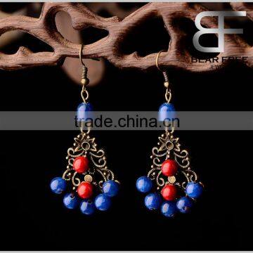 Custom Fashion Jewelry Retro Chandelier Dangle earrings with red blue stone beads