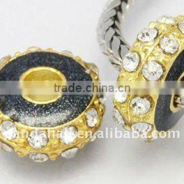 Alloy Rhinestone Beads, Enamel, Golden Metal Color, Rondelle, Black, about 14x6.5mm, hole: 5mm(ALRI-B001-10)