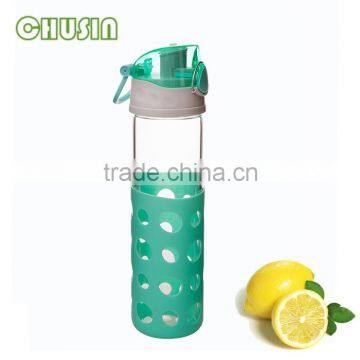 550ml glass water bottle with PP lid and handle and straw and silicone sleeve