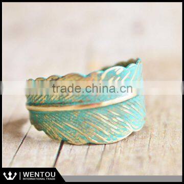 Adjustable Verdigris Feather Ring with Hand Forged Brass