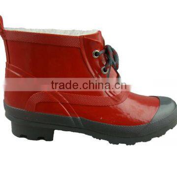 Red lace up ankle rubber boots