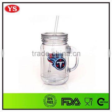 20oz Insulated Clear Plastic Mason Jar With Handle and Straw Wholesale
