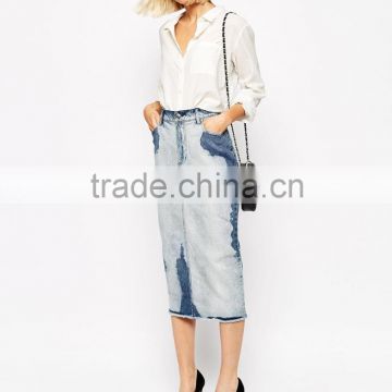 women long denim skirt midi length white denim Skirt