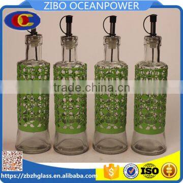 glass oil olive vinegar jar bottle set with light green metal coating