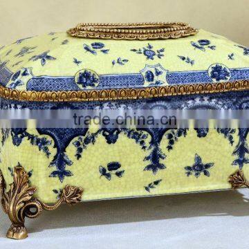 Chinese style painting design blue and yellow color animal head brass decorative ceramic tissue box