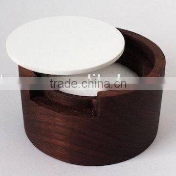 Modern Round Walnut Salt Box with White Lid - Dark wood salt cellar