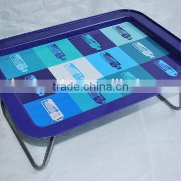 customized designs rectangular serving metal bed tin tray with stand leg