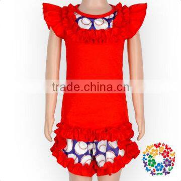 Popular Baseball Print With Red Cotton Ruffles Baby Girls Shorts photo-3