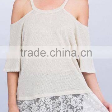 Women Clothing Summer 2017 LIGHT WEIGHT KNIT LACE HEM DETAIL OFF SHOULDER TOP Knitwear Women photo-2