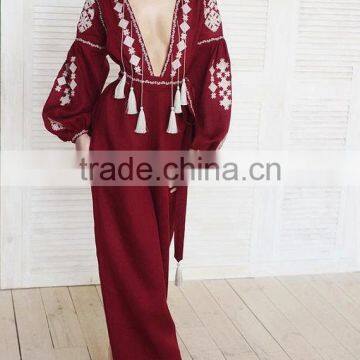 Boho Clothing Ukrainian Vyshyvanka Embroidery Designs Linen Dresses With Tassel Long Sleeve Maxi Dresses HSD5766 photo-5