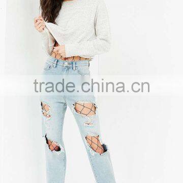 2017 Popular Super Trendy And Cute Mesh Legging Out From Under Fishnet Catsuit Sexy Bodysuit Layered With Ripped Denim photo-3