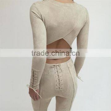 Runwaylover 074 New Style 2017 Ladies Fashion Two Piece Suits , Women Suede Crop Top And Tight Pants photo-2