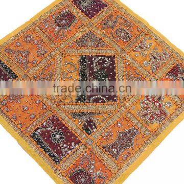 Yellow Sari Lounge Pillow Floor Sitting Kundan Colorful Handicraft Cushion 26in photo-2