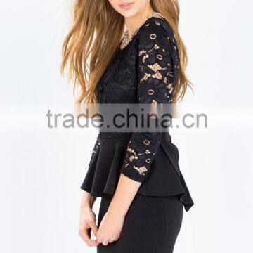 Three-quarter Sheer Sleeves V Back Peplum Lace Dress Design photo-4