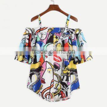 2017 New Designs Off Shoulder Printed Character Pattern Ladies Short Sleeve Blouses photo-2