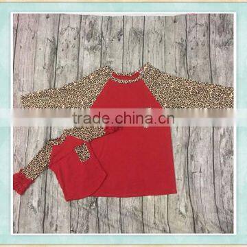 digita printing machine mom and me kids clothes leopard print sleeve red casual fall wear kids t-shirt