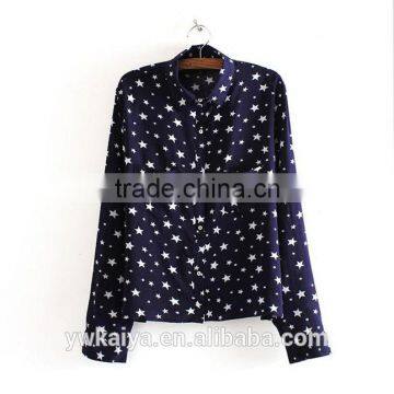 CVC slim fit star blue fancy casual long sleeve women shirt wholesale