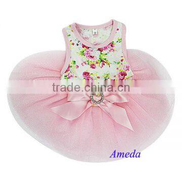 White Light Pink Rose Flower Crystal Bow Party Dress Small Pet Dog Cat Clothes XS-L