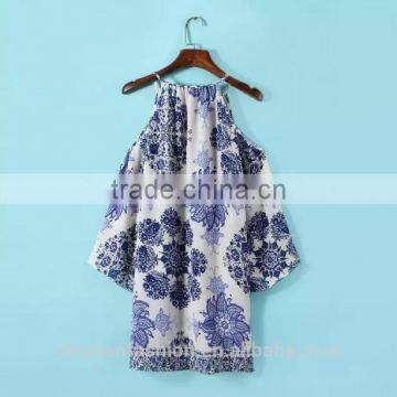 2017 New Model Summer Dress Women off Shoulder Straight Loose Blue and White Porcelain Printed Dress photo-2