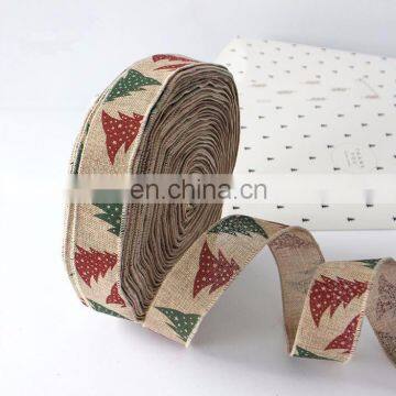 Linen Christmas Tree Pattern Printed Grosgrain and Satin Ribbon Christmas Decoration DIY Handmade Materials