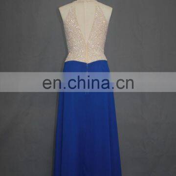 Bling Bling Beaded Halter Top Long Blue Chiffon Evening Prom Dress 2017 photo-5