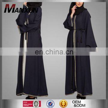 Modest Muslim Women Crepe Cardigan Navy Kimono with Lace Overcoat Open Front Islamic Abaya