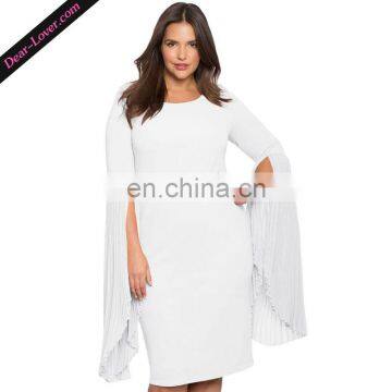 White Solid O-Neck Pleated Flare Sleeve Latest Design Plus Size Dresses