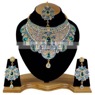 Turquoise Crystal Bollywood Gold Plated Indian Handmade Ethnic Kundan Zerconic Necklace set in Color