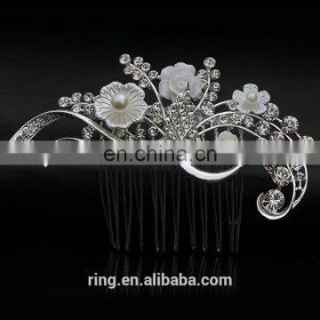 Popular Mother Of Pearl Shell Flower Peacock Crystal Silver Wedding Hair Comb