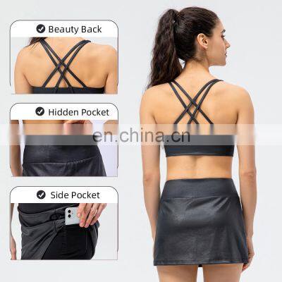 MOQ 1 Pcs Start Bra Match Skirt Two Piece Golf Tennis Yoga Suit Set Women Imitation Leather Workout Running Casual Wear Clothes photo-2
