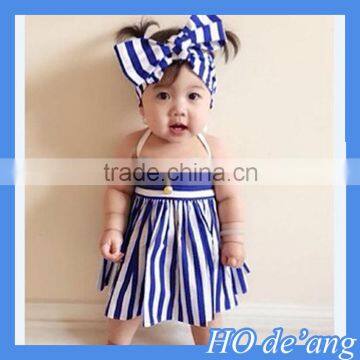 HOGIFT OEM latest style 2016 summer&spring sleeveless blue stripes fashion design small girls dress