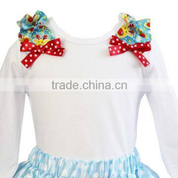 Xmas Blue Reindeer Ruffles White Long Sleeves Tee