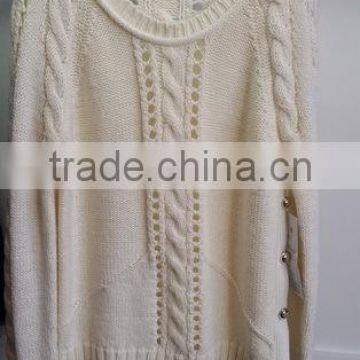 regular hole designed cable knitting pattern pullover, sweater with metal buttons at side seams