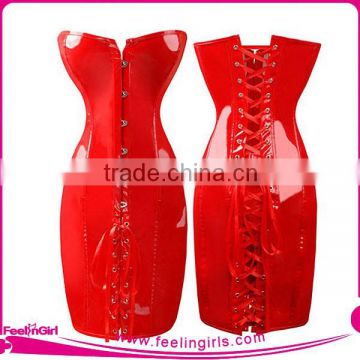 Wholesale Red Look Wet Long Leather Corset Dress