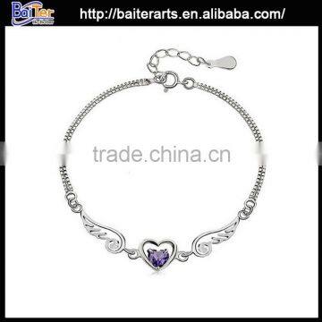 925 Sterling Silver Heart Shape Amethyst Box Chain Heart Bracelet