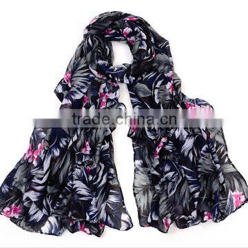Newest style fashion flower printed silk scarf painting ladies chiffon scarf