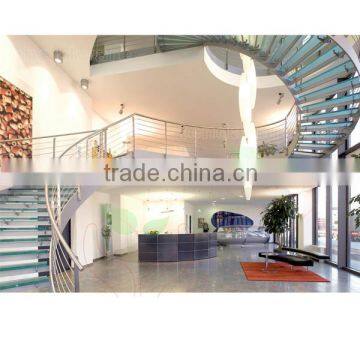 double stringer laminated glass treads curved staircase in white stringer