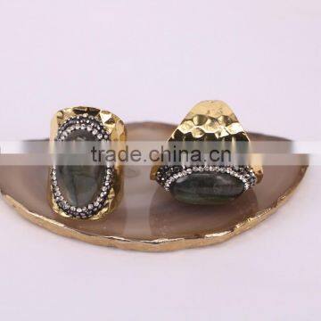 Natural Labradorite Stone Ring, Metal Gold Plated Ring, Pave Setting Crystal Jewelry Finger Gold Plated Druzy Ring