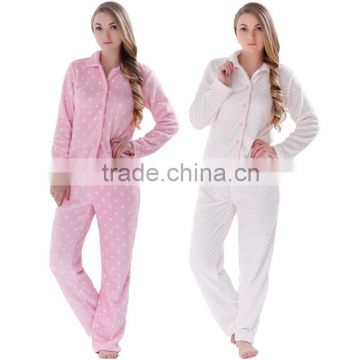 2016 Winter Ladies Coral Fleece Polka Dot Sleepwear Thick Warm Top and Pant Nightwear Pajama Sets For Women