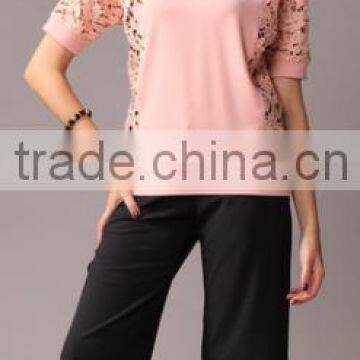 Pretty Steps 2016 elegant high quality round collar blouse lace splicing casual blouse for women
